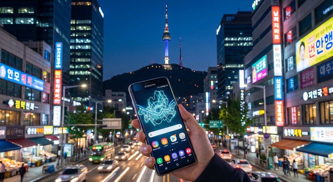 Samsung Galaxy S26 with Seoul night view background (K-Tech)