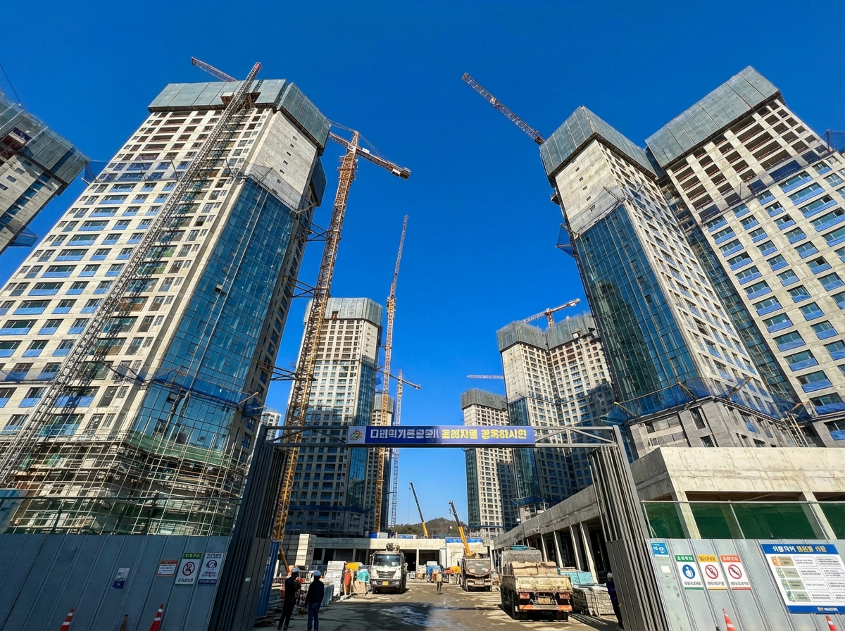 파란 하늘 아래 건설 중인 웅장한 신축 아파트 단지 전경 (실사)