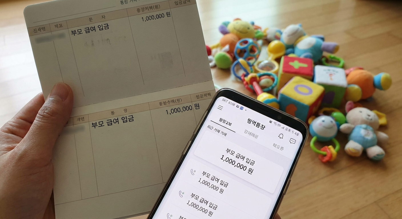 통장에 입금된 육아 지원금을 확인하는 스마트폰 화면 (실사)