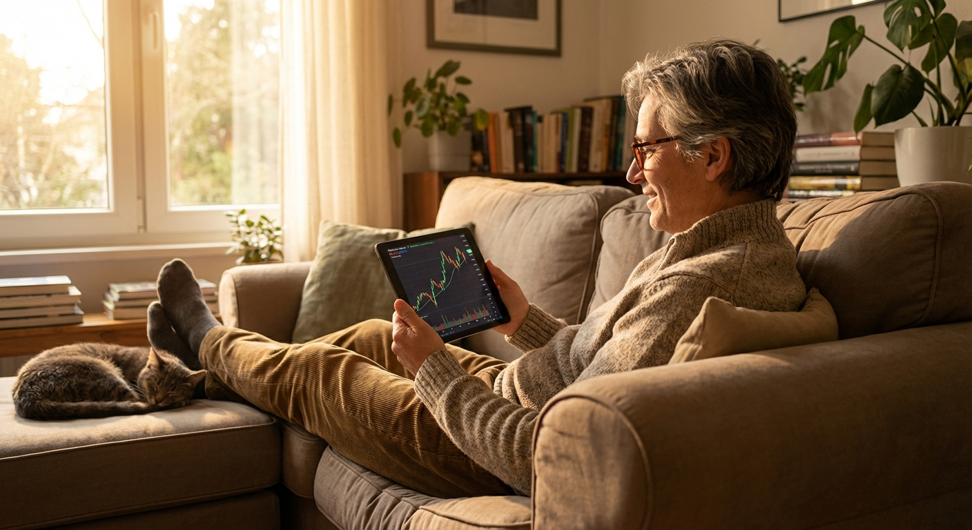 여유롭게 태블릿으로 주식 차트를 보며 노후를 즐기는 중년 (실사)