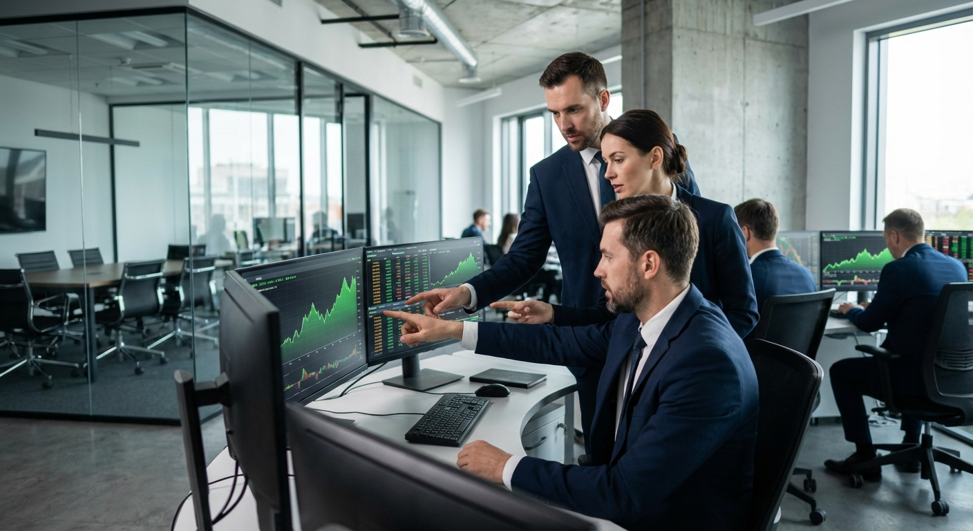 주식 시장 그래프를 분석하는 금융 전문가들 (실사)