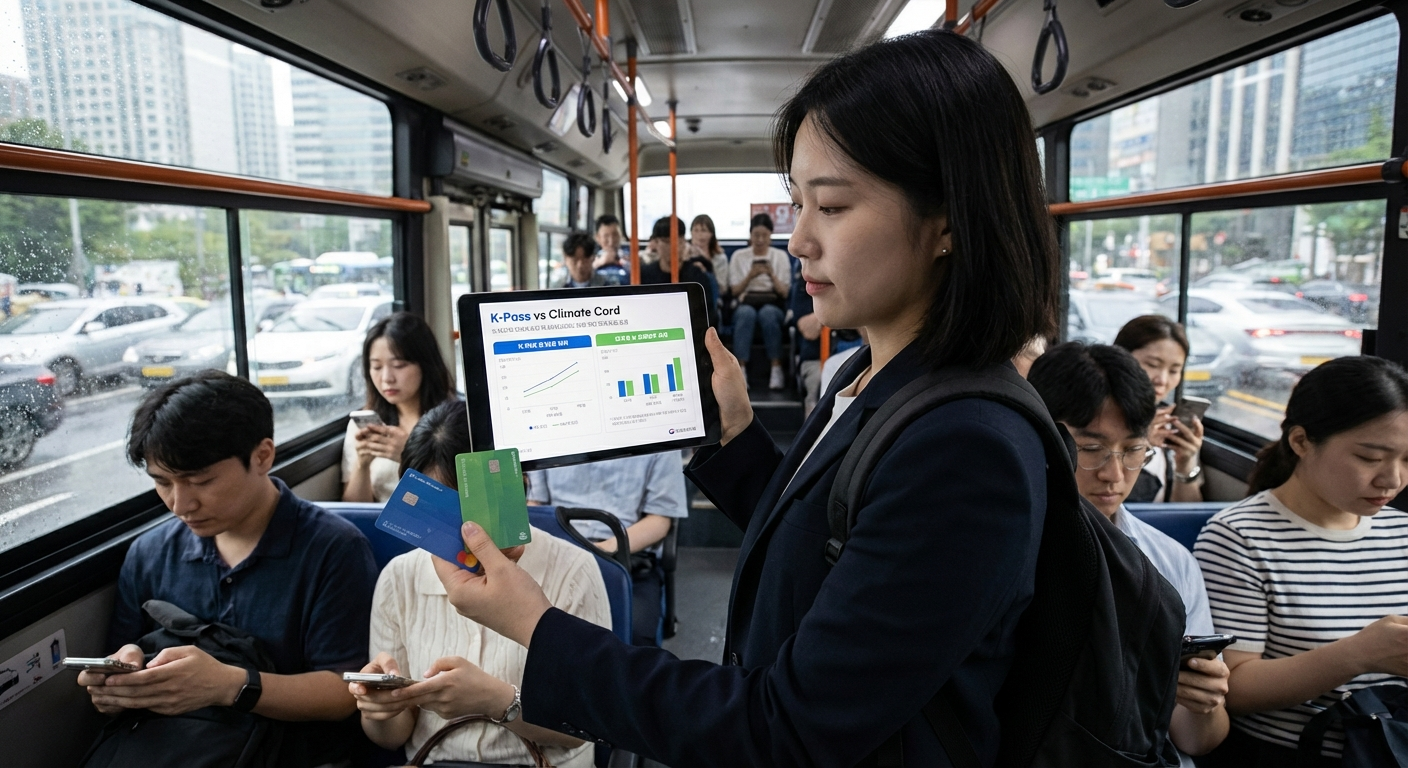버스 안에서 K-패스와 기후동행카드 혜택을 비교하는 직장인 (실사)