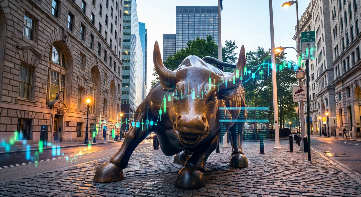 Wall Street Charging Bull with financial market graphs (Realistic)